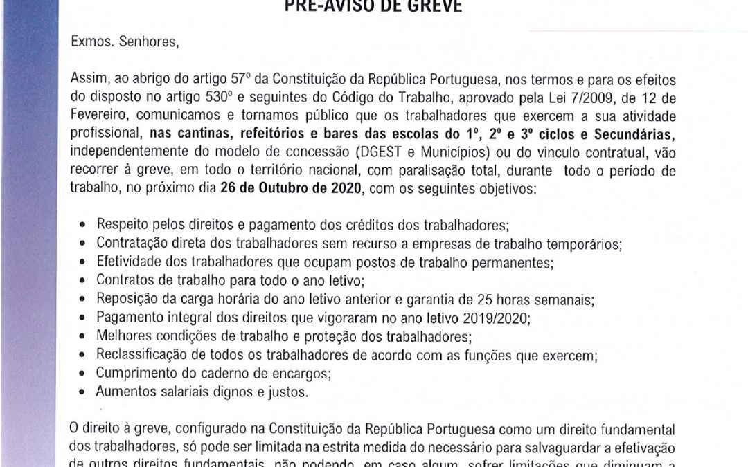 26 de Outubro: Pré-aviso de greve das cantinas
