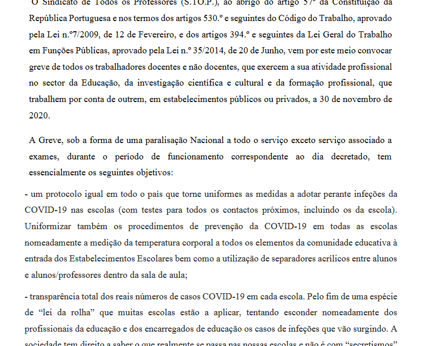 Pré-aviso de greve de 30 de Novembro a 4 de Dezembro