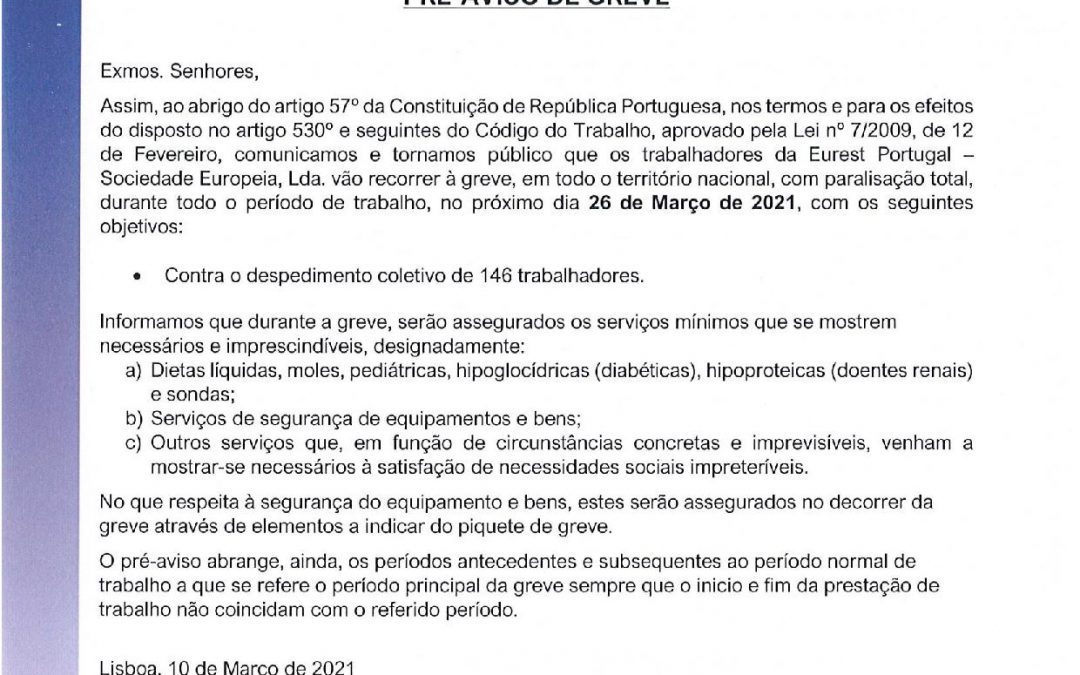 Cantina: Pré-aviso de greve 26 de Março