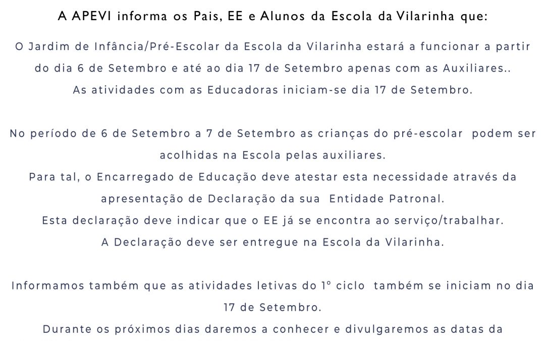INFORMAÇÃO: INÍCIO DO ANO LETIVO 2021-2022
