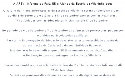 INFORMAÇÃO: INÍCIO DO ANO LETIVO 2021-2022