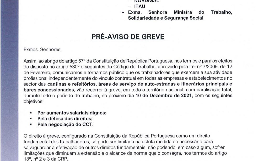 CANTINAS: Pré-Aviso de Greve