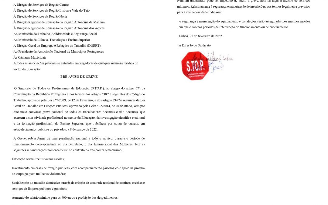 Pré-Aviso de Greve para dia 8 de Março