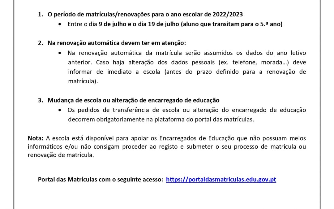 AVISO: RENOVAÇÃO DE MATRÍCULAS para 2022/23