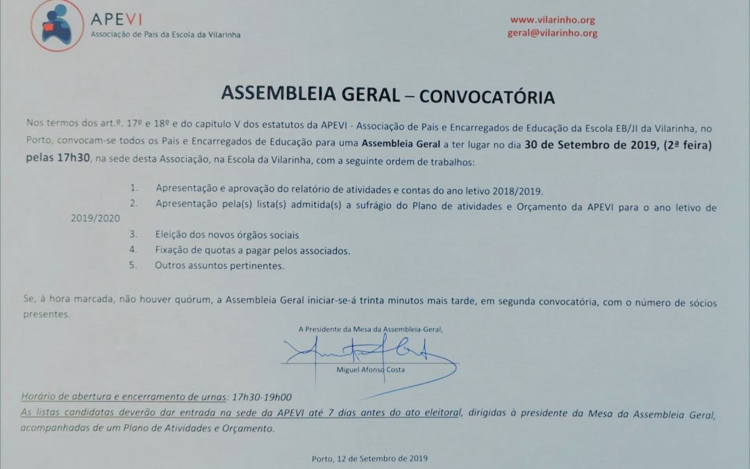 CONVOCATÓRIA ASSEMBLEIA GERAL – DIA 30 DE SETEMBRO às 17:30