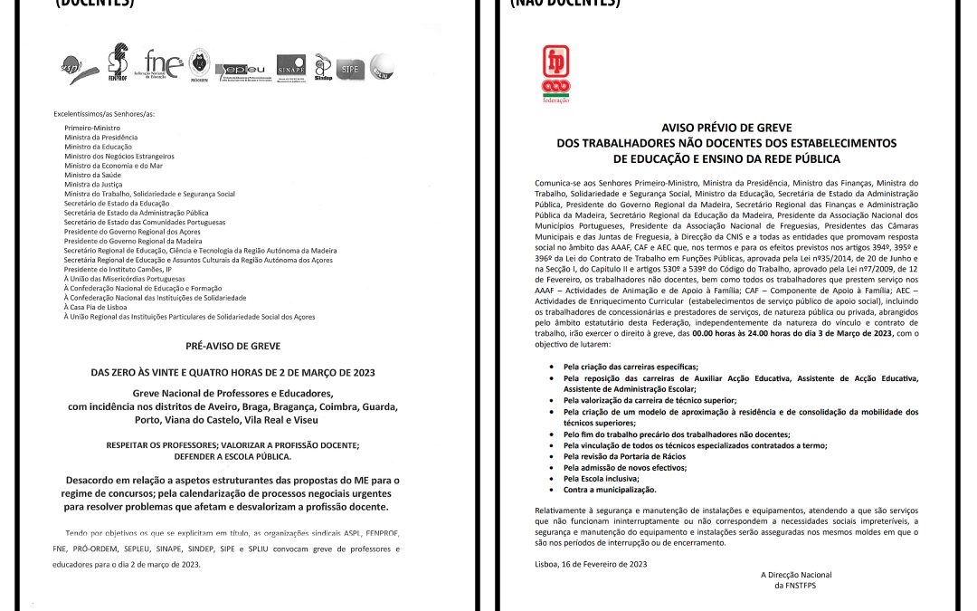 AVISO: Pré-avisos de greve para o início de Março