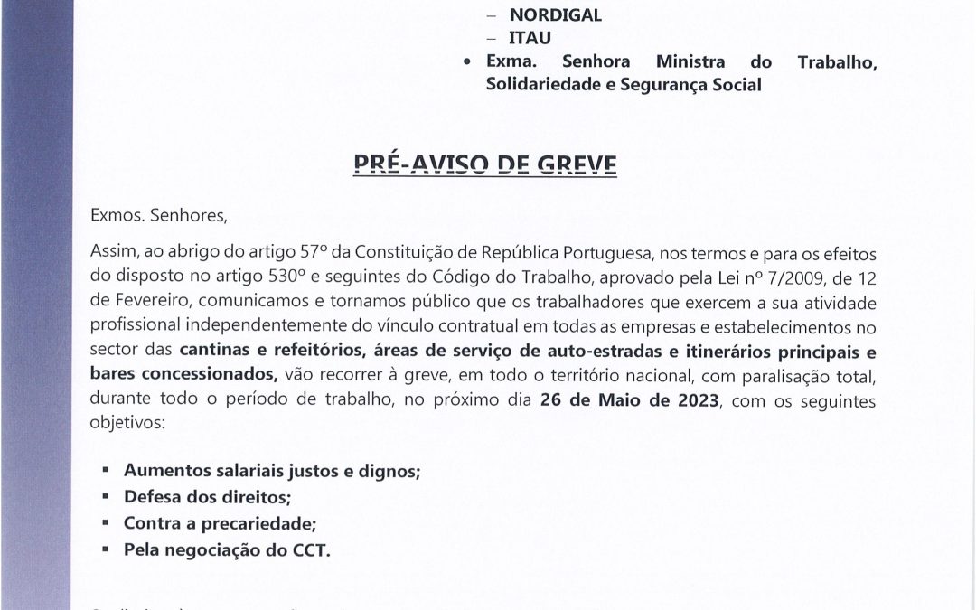 Cantina: Pré-aviso de Greve dia 26