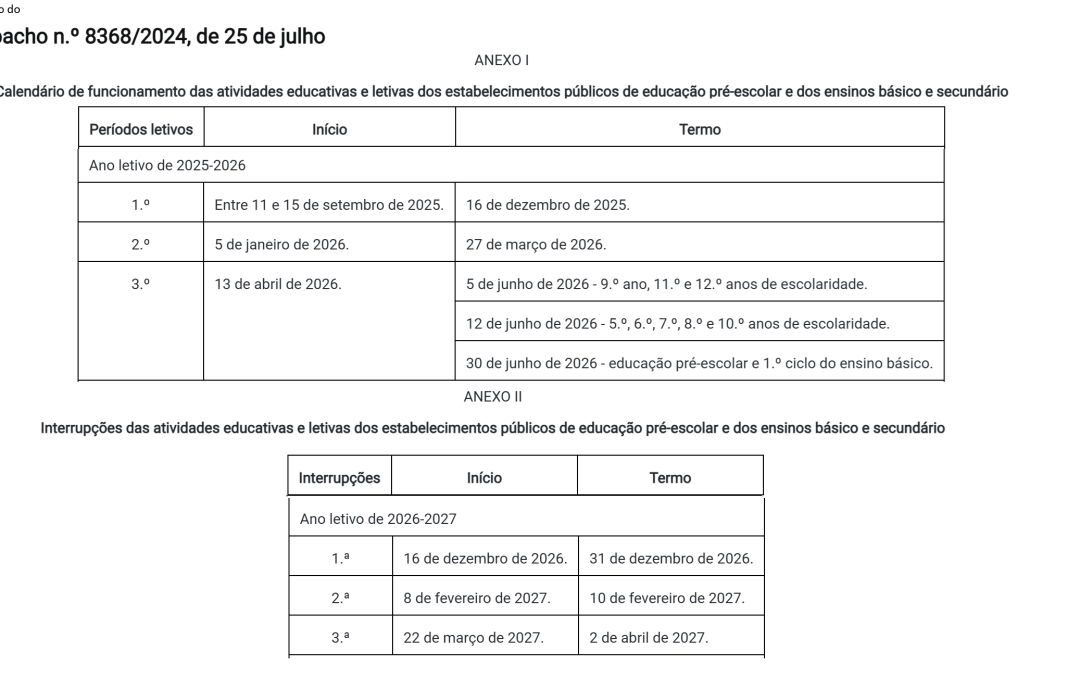 2025/25: Calendário Escolar