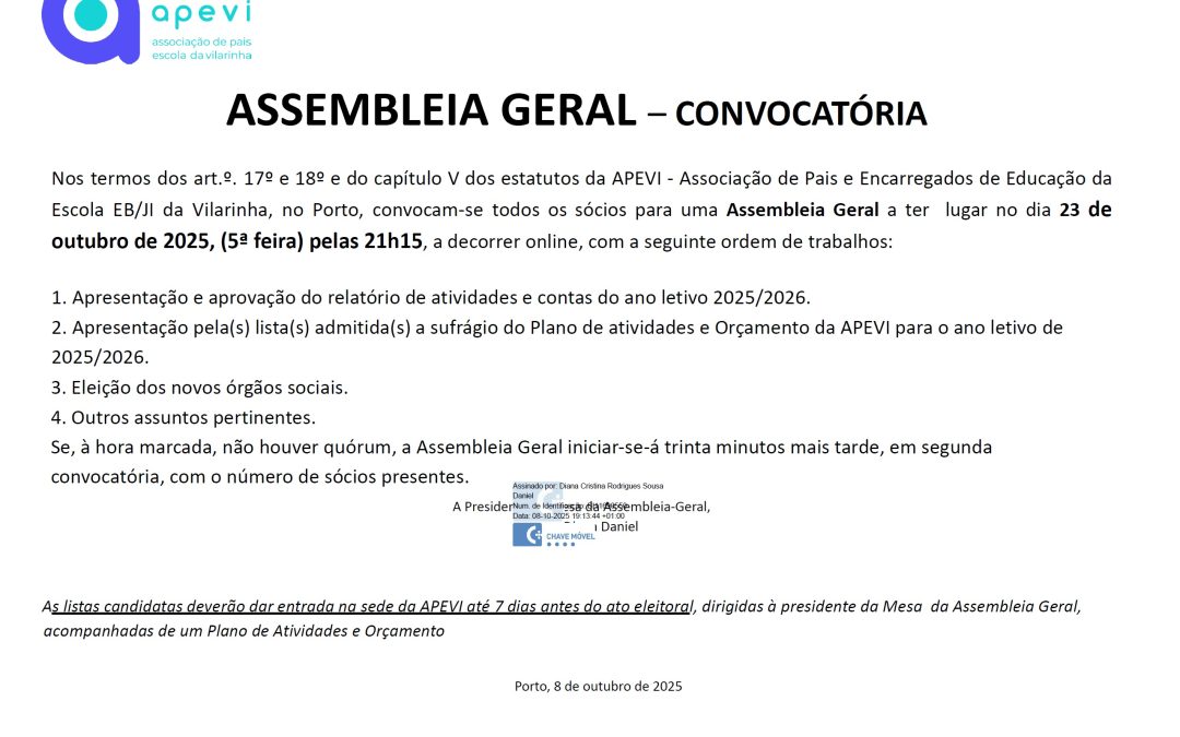 Convocatória: Assembleia Geral dia 23 de outubro