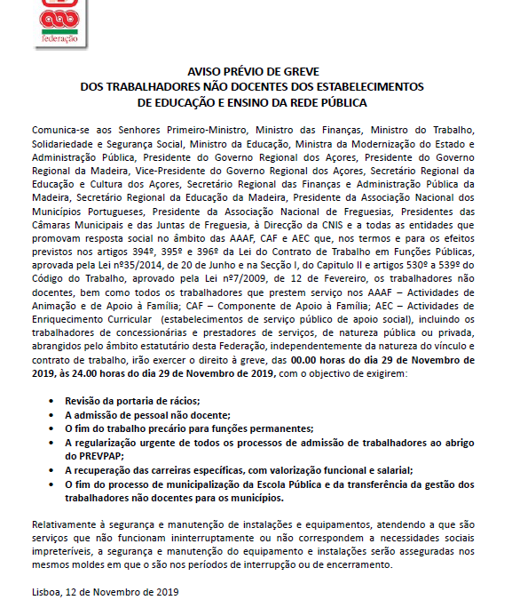 Pré-aviso de greve para dia 29 de Novembro