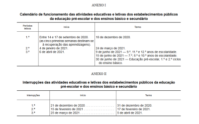 Datas para o Calendário Escolas de 2020-2021