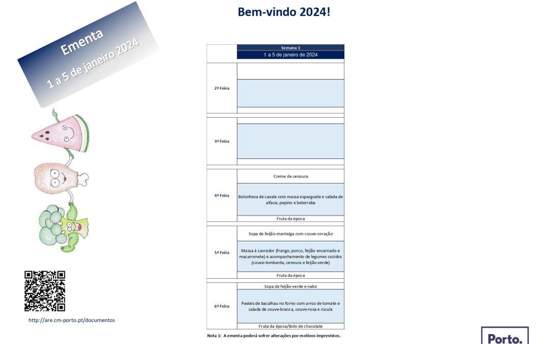 Ementa: 1ª semana Janeiro 2024
